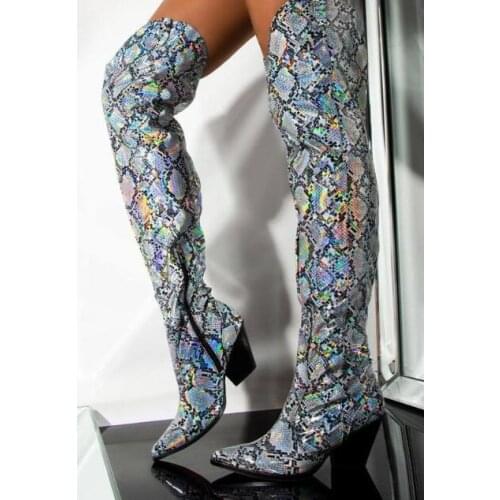 Moraima Snc Autumn Woman Over the Knee Boots Fashion Pointed Toe Snakeskin Thigh High Boots Thick Heels Shoes