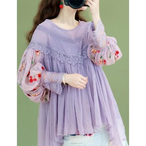 Original Design AIGYPTOS Spring Women Sweet Elegant Purple Blouses Ladies Vintage Embroidery Lantern Sleeve Lace Chiffon Shirts
