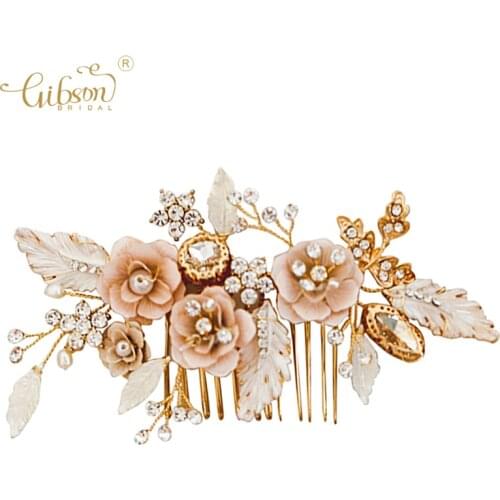 Bridal Gold Leaf Rose Flower Bride Hair Comb Delicate Women Girls Headpiece Hair Jewelry Accessories Wedding Headband Tiara