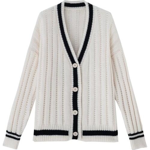 2021 V-neck Cardigan Sweater Jacket Women Loose Thick Knit Sweater Retro Striped Outer Wear Single-breasted Thick Sweater Coat