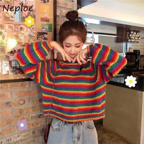 Neploe Rainbow Striped Spring Autumn Female Sweater O-neck Sweet Girls Knitted Pullovers Loose Causal Student Short Sweaters