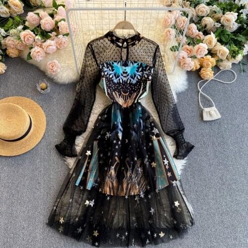 Womens spring summer runway fashion transparent mesh dress female vintage mesh patchwork party dress TB1414