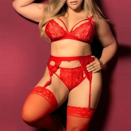 Plus Size Sexy Lace Bra And Panty Set Women Garters Push Up Lingerie Bralette+G-String+garter Set Sexy Underwear Sex Product