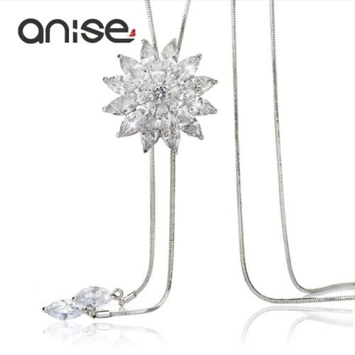 Angele Women Zircon Snowflake Long Necklace Sweater Chain Fashion Fine Chain Crystal Rhinestone Flower Pendant Necklaces Adjust