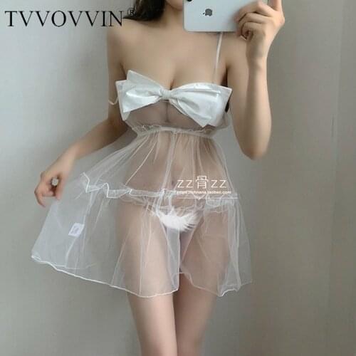 TVVOVVIN 2021 Cosplay Hot New Sexy Home Mesh Perspective Bow Mesh Slash Neck Low Chest Transparent Mini Dress Women K9H5