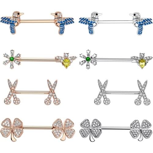 1Pair Bird Bee Scissors Leaf Nipple Ring Crystal Nipple Jewelry Piercing Ring 14G Sexy Piercings Surgical Steel Nipple Piercing