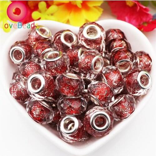 10Pcs Color Glitter Glass European Spacer Beads Murano Large Hole Faceted Beads for Pandora Charm Bracelets Earrings DIY Jewelry