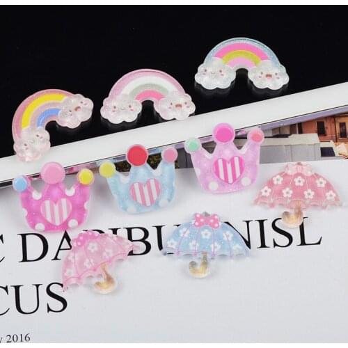 100pcs/lot Kawaii Resin Crown Rainbow Umbrella Flatback Cabochon For Resin Craft Kids Headwear DIY Decorative Embellishment