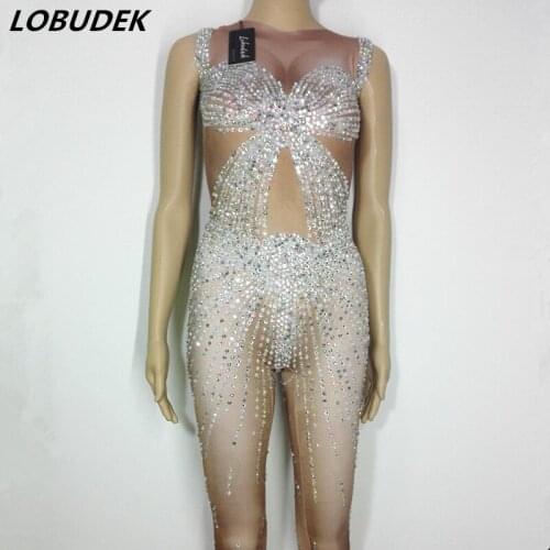 White Nude Rhinestones jumpsuit Costume sexy Crystals stretch elastic Jumpsuit female outfit Bar party Celebration show costumes
