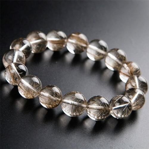 Genuine Brazil Natural Silver Hair Rutilated Quartz Crystal Bead Women Man Healing Bracelet 13mm