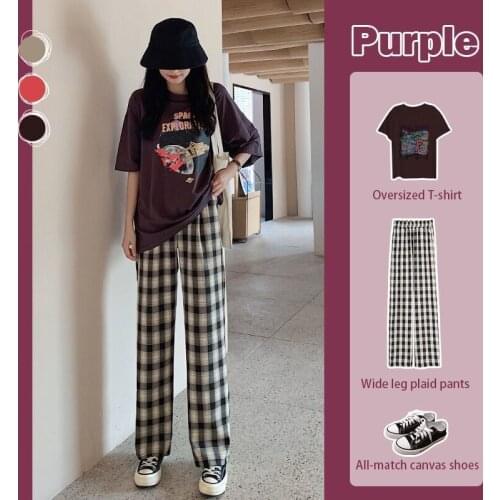 Womens Plaid Pants Loose Straight Drape High Waist Slimming All-match 2021 New Summer Thin Casual Wide-leg Pants stacked pants