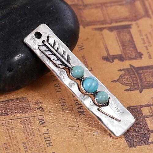 DoreenBeads Zinc Based Alloy Vintage Chic Pendants Rectangle Silver Color Blue Arrowhead Imitation gem stone, 3Pcs
