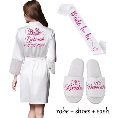 Lace Sleeve Sexy Women Nightwear Peignoir Mariage Wedding Kimono Chiffon Silk Female Bathrobes Bridemaid Robes Personalized Name