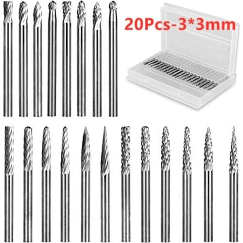 20PCs 3mm Metal Drawing Tungsten Carbide Milling Cutter Rotary Tool Burr Engraving Abrasive Tools Metalworking Milling Polishing