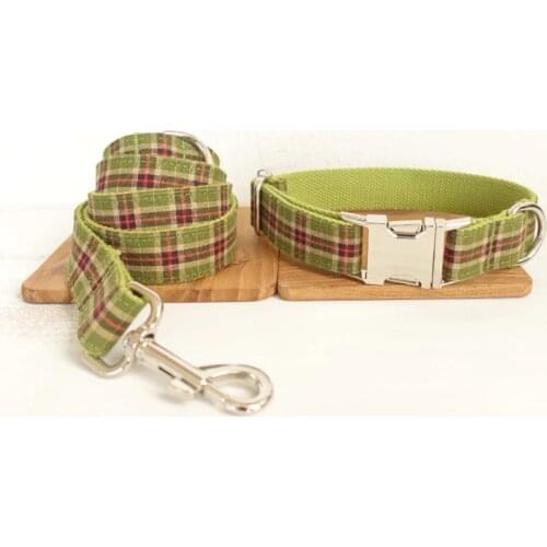 Green Plaid Dog Collar with Bow tie and Leash Personal Custom Adjustable Pet Cotton Dog &Cat Necklace