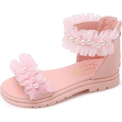 Girls Sandals 2021 Summer New Spot Lace Pearl Kids Shoes Childrens Shoes Korean Beach Sandals Sweet Fashion for Wedding 26-36