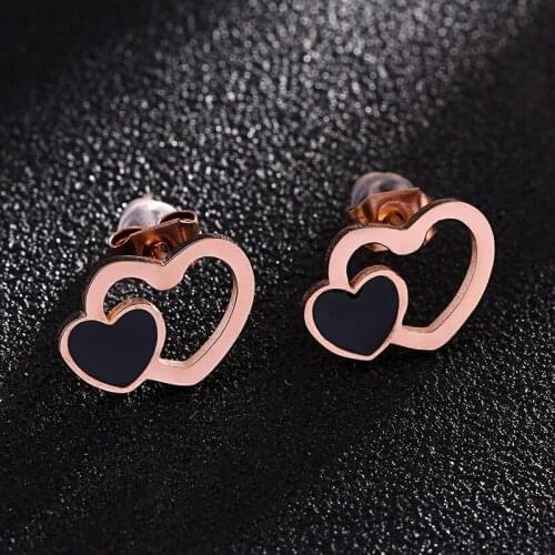 High Quality Stainless Steel Double Love Heart Shape Rose Gold Earrings Heart to Heart Black shell Hollow Heart Stud Earrings