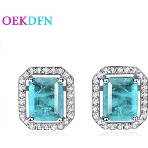 OEKDFN Real 925 Sterling Silver Earrings Created Moissanite Paraiba Tourmaline Gemstone Diamonds Ear Studs Earrings Fine Jewelry