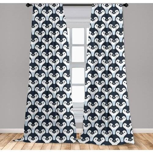 Slate Blue Penguin Curtain Animal Print Themed Continuous Pattern with Baby Birds Window Treatment Living Room Bedroom Decor