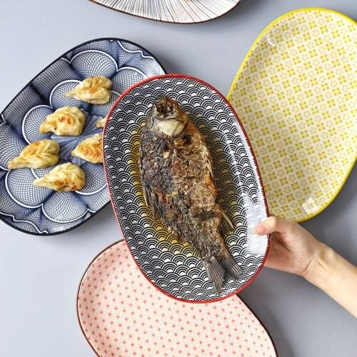 Japanese fish plate 12-inch ceramic large oval plate steamed fish plate serving plate ceramic household microwave oven