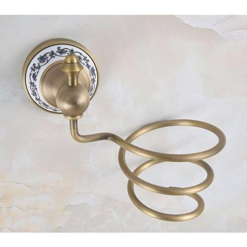 Vintage Antique Brass Hair Dryer Holder Wall Mounted Dryer Holder Bathroom Accessories Bath Hardware Ceramic Base mba778