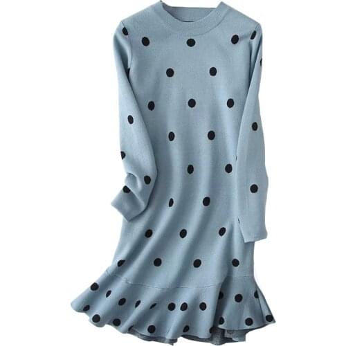 Women Elegant Polka Dot Knitted Sweater Dress Autumn Winter Casual Loose Dress Ruffles O-neck Long Sleeve Dresses Vestidos
