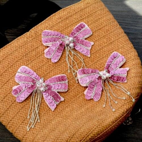 AHYONNIEX 1PCS Large Pink Beads Bow Patches Sew On Beading Applique Clothes Boots Bags Decoration Patch DIY Accessories