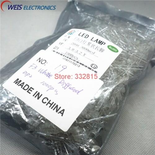 1000PCS F3 WHITE DIFFUSED DIP-2 LONG PIN 3MM 2000-3000MCD 3.0-3.2V Light beads Free shipping