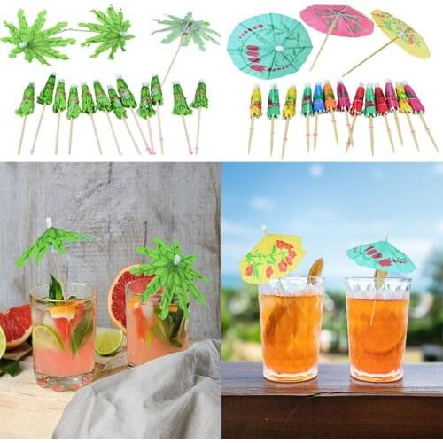 20/50 Pcs Retro Mini Mixed Color Umbrellas Parasol Coconut Tree Snack Cocktail Pick Wooden Cocktail Cake Toothpicks Party Decor