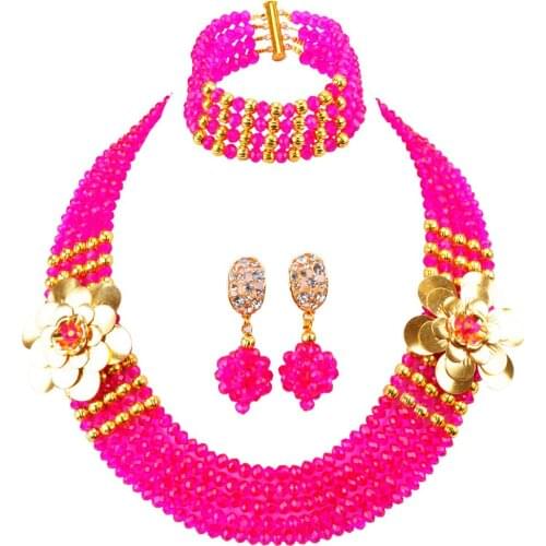 Fuchsia Pink African Beads Jewelry Set Crystal Beaded Nigerian Wedding Costume Necklace Bracelet Earrings 5LDH03