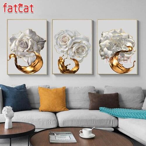 FATCAT Abstract golden white flower diy 5d diamond painting full square round drill mosaic embroidery sale triptych kits AE2545