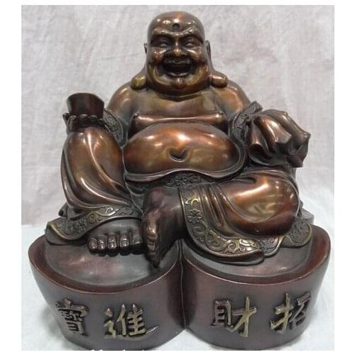 B0602 12" China Pure Bronze Buddhism Happy Laughing Maitreya Buddha Statue Monkey Bag