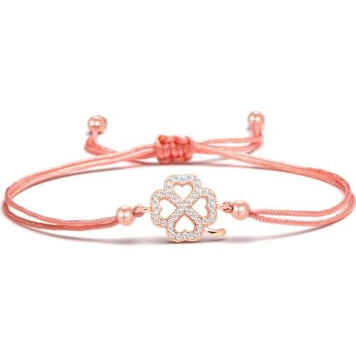 Sparkling White Cubic Zirconia Four Leaf Clover Lucky Charm Bracelet Women Girl Love Heart CZ Stones Red String Handmade Jewelry