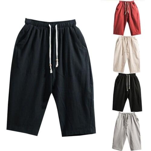 Breeches oversize 5XL Mens Cotton Linen Shorts Summer Casual Solid Japanese linen Style Knee Length Loose Short Trousers