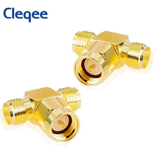 Cleqee T Type SMA Male Plug to 2 SMA Female Jack Adapter RF Coaxial Connector 3 Way Splitter Antenna Converter Gold-Plated Brass