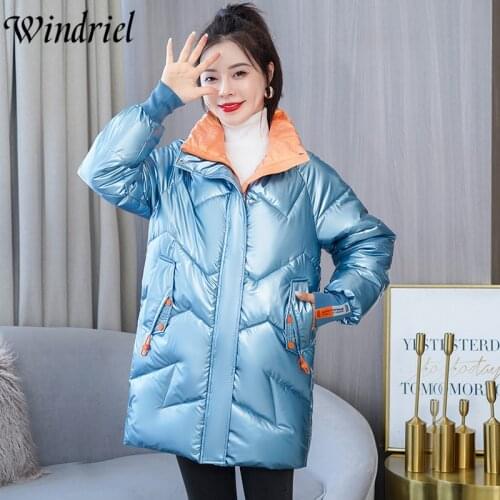 Windriel Long Winter Coat Women Mandarin Collar Windproof Warm Jackets 2021 High Street Glossy Cotton Padded Parkas Snow Wear