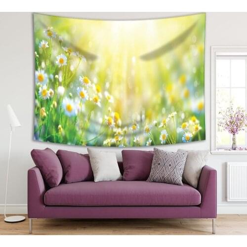 Tapestry Chamomile Flowers Daisies Field in Sun Light Summer Garden Nature Meadow Wild Blooms Photo Yellow Green