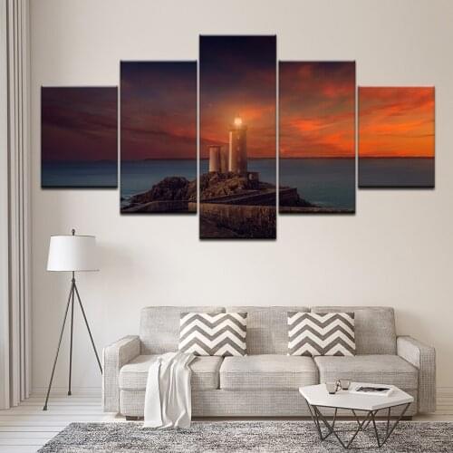 Canvas Painting sea light house at night seascape 5 Pieces Wall Art Painting Modular Wallpapers Poster Print Home Decor