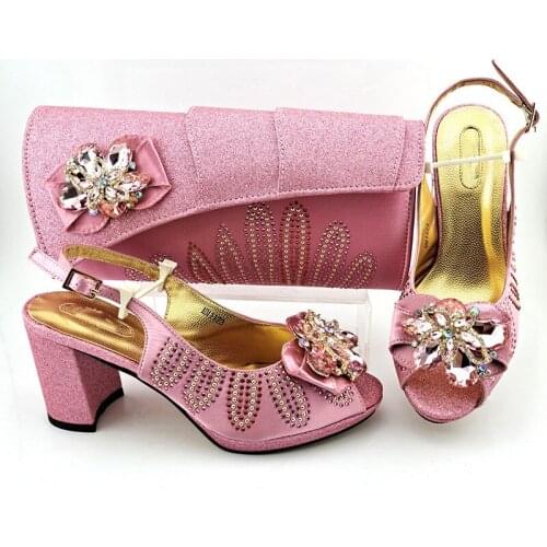 Fashion Pink Women High Heel 8.5CM Shoes Match Purse With Rhinestone Decoration African Pumps And Handbag Set MM1123