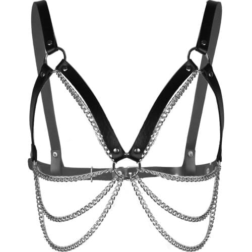 Harness Mens Women Punk PU Leather Adjustable Body Chest Harness Belt with Metal O-Rings & Tassel Chains Fashion Show Costume