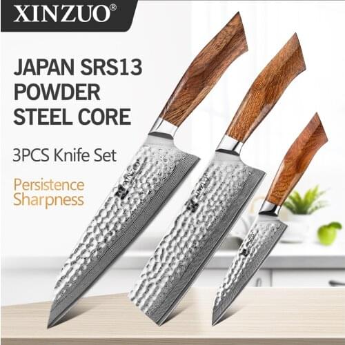 XINZUO 3PCS Kitchen Knives Set North American Desert Ironwood Handle Japan 49 Layers SRS13/R2/SG2 Damascus Steel High end Knife