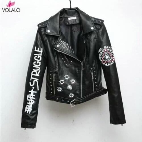 2020 New Women Autumn Winter Faux Soft Leather Jackets Coats Lady Black PU Rivet Zipper Epaulet 3D Print Motorcycle Streetwear