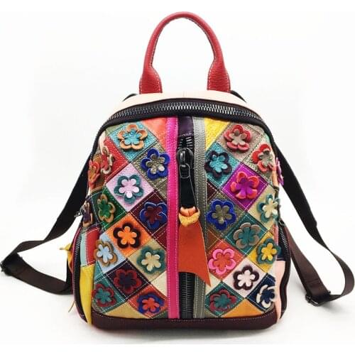 New Flower Color Matching Retro Womens Bag Leather Backpack European and American Style Fashion Leather Womens Bag