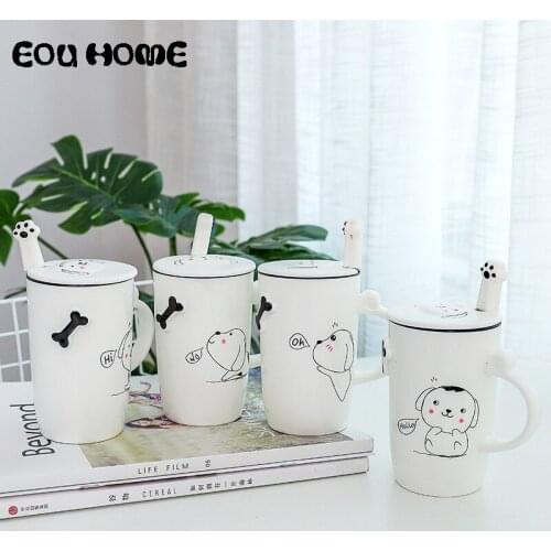 New Cartoon Dog Ceramic Mugs Heat-resistant Cup with Lid and Spoon Mug Couple Lovers Coffee Tea Cup Office Gifts Milk Juice Cups