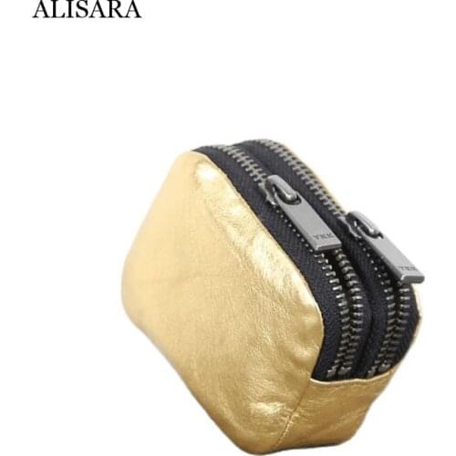Alisara Double Zipper Coin Purses First Layer Cow Leather Gold Color Unisex Casual Organizer Credit Card Wallet Storage Coin Bag