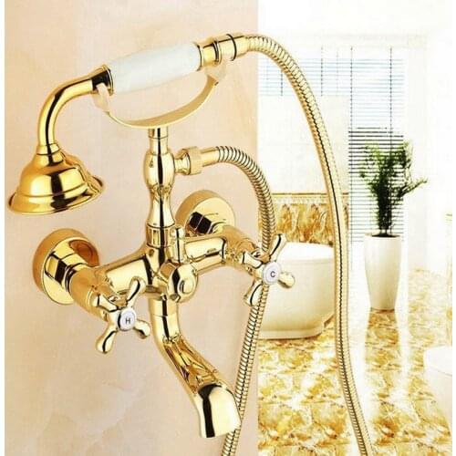 Luxury Gold Color Brass Bathroom Bath Tub Faucet Taps Dual Holder Telephone Style Wall Mounted Ktf123