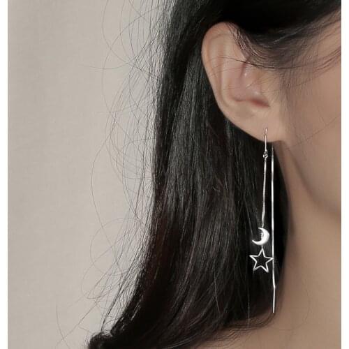 925 Sterling Silver Tassel Long Star Moon Drop Earrings For Women Wedding Fashion Jewelry eh1351
