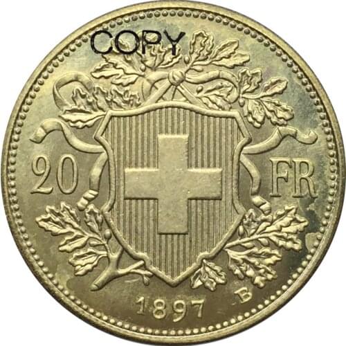 Swiss 20 Franc Gold 1897 B Brass Replica Copy Coin