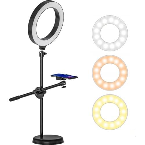 Dimmable LED Selfie Ring Light Tabletop Stand Tripods Mobile Phone Holder Overhead Shot Bracket For Youtube Tiktok Video VK Lamp
