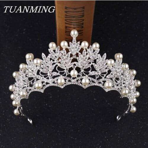 Classic Crystal Pearl Crown Rhinestone Tiara Bride Hairband Silver Color Hair Jewelry Princess Crown Fashion Wedding Accessories